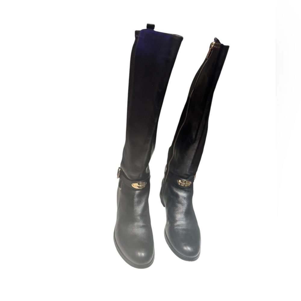 Michael Kors Black Leather Elastic Back Arley Knee-High Boots - Picture 7 of 16